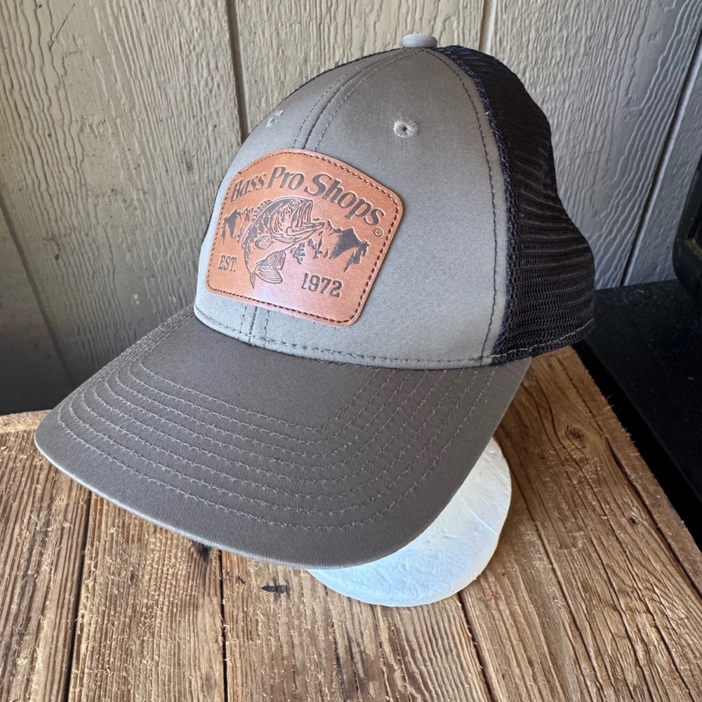 Bass Pro Shops Mens Mesh Trucker Hat Olive Green Black Snapback Leather Patch